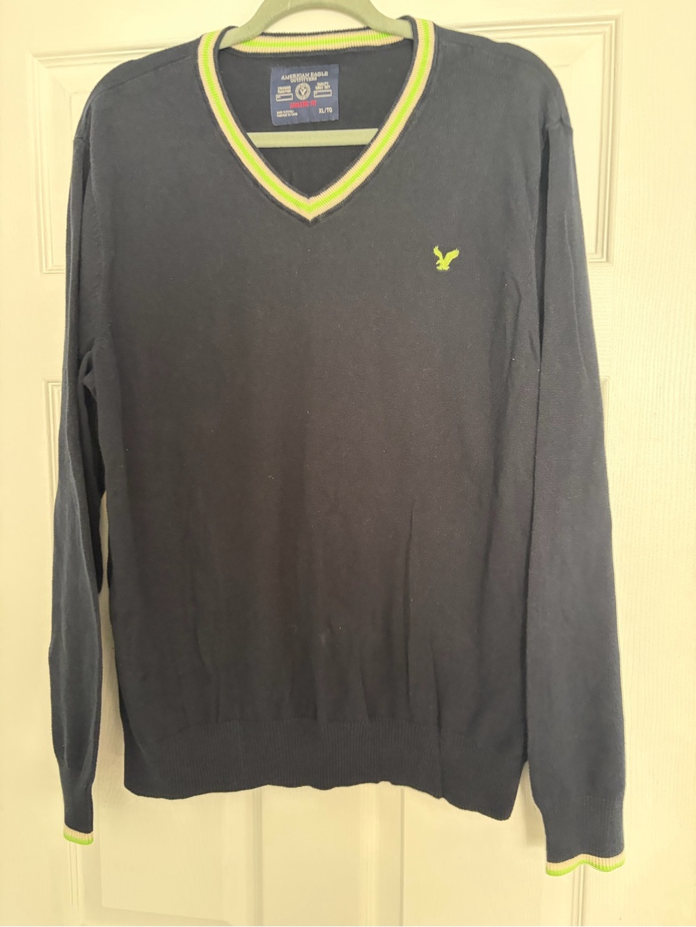 American Eagle Outfitters Men’s Navy V-Neck Sweater with Lime Trim